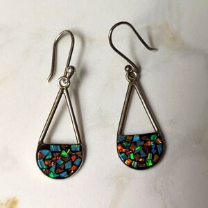 Silver and Opal Drop Earrings, blue orange and green